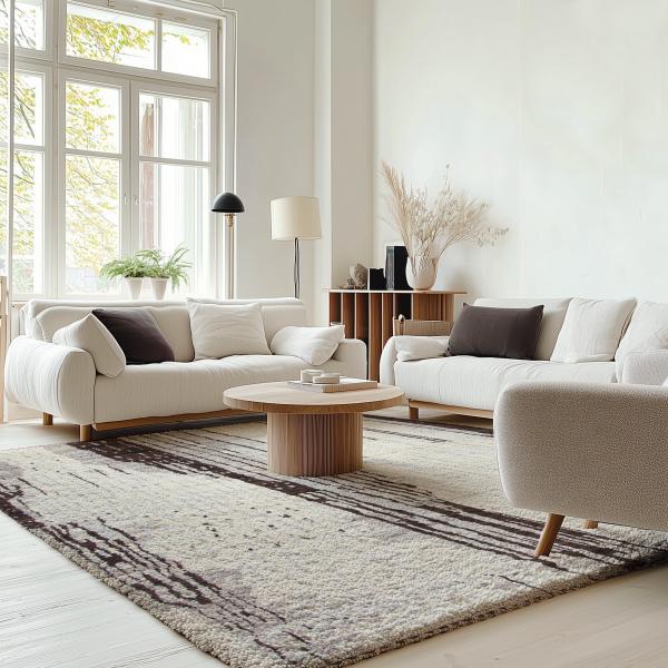 Sala moderna com grande tapete de pelo alto em bege com padrão abstrato em marrom, sofás brancos.